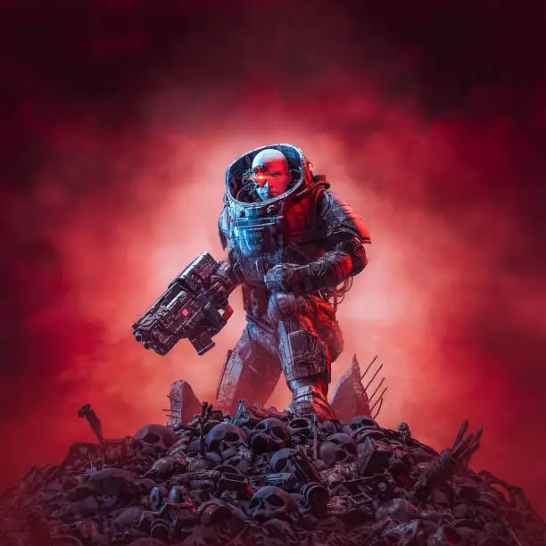 3D illustration of science fiction military robot warrior standing amid rubble and human skulls with ominous red sky