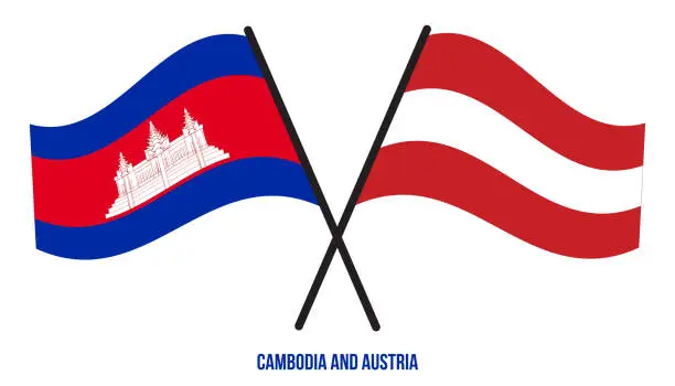 Vector illustration of Cambodia and Austria Flags Crossed And Waving Flat Style. Official Proportion. Correct Colors.