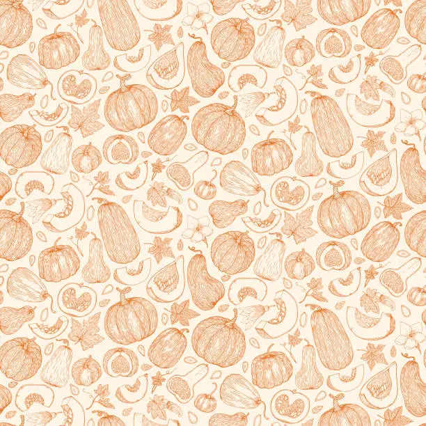 Vector illustration of Vector botanical seamless pattern with pumpkins, flowers and leaves in sketch style. Flat pastel background of pumpkins, squash and seeds. Cute autumn texture for thanksgiving, harvest and halloween.