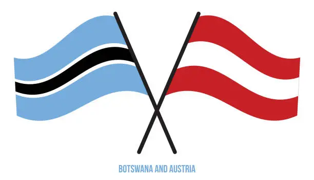 Vector illustration of Botswana and Austria Flags Crossed And Waving Flat Style. Official Proportion. Correct Colors.