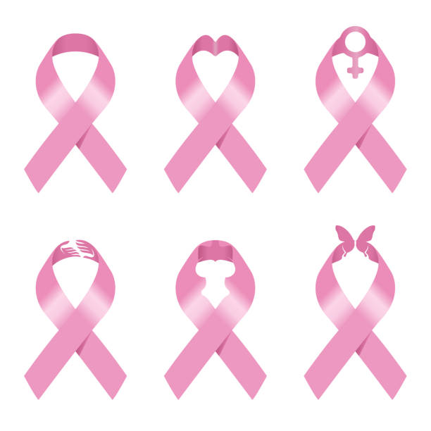 ilustraciones, imágenes clip art, dibujos animados e iconos de stock de diseño de conjunto de ilustración vectorial de signo de cinta rosa para la concienciación sobre el cáncer de mama - cinta contra el cáncer de mama ilustraciones
