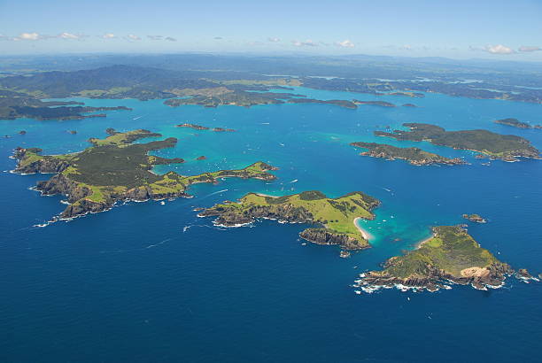 Aerial - Bay of Islands, Northland, New Zealand Aerial shot of the Bay of Islands, Northland, New Zealand bay of islands new zealand stock pictures, royalty-free photos & images