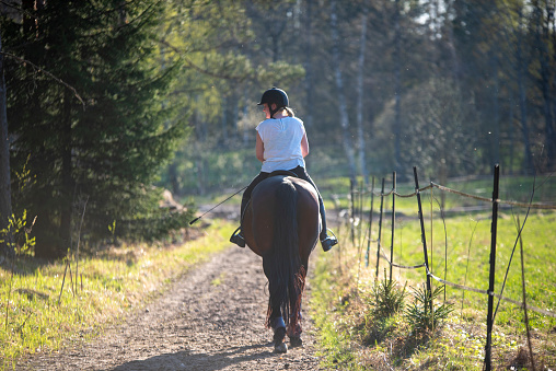 Rear view of teenage girl riding her dapple grey horse outdoors in the English countryside on a spring day.The girl is wearing body protection and riding hat ensuring she is safe whilst riding.