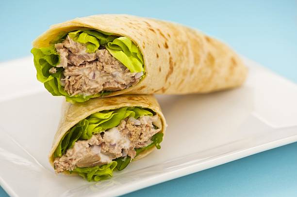 Two tuna melt wrap on a white plate Two tuna melt wrap on a white plate on a blue background tortilla flatbread stock pictures, royalty-free photos & images