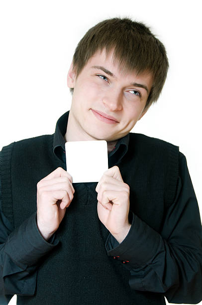 istock Happy man holding Blank business card 131920728