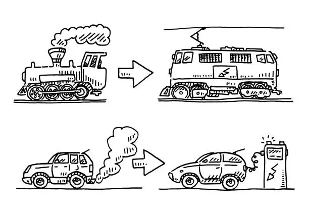 Vector illustration of Electrification Of Trains And Cars Drawing
