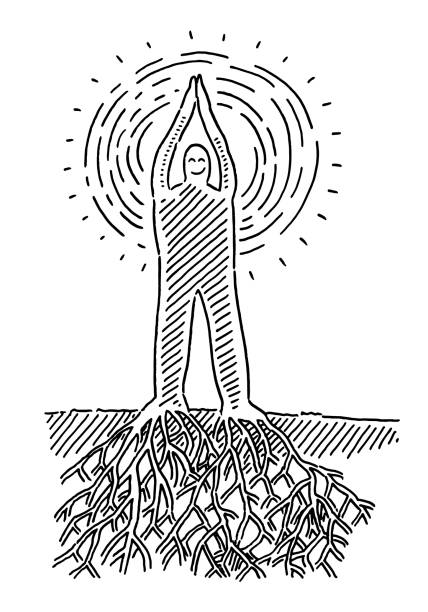 Human Figure With Roots Drawing Hand-drawn vector drawing of a Human Figure With Roots. Black-and-White sketch on a transparent background (.eps-file). Included files are EPS (v10) and Hi-Res JPG. spirituality smiling black and white line art stock illustrations