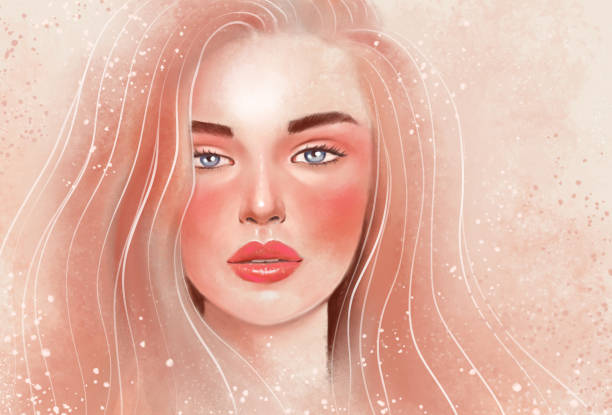 istock light cute gentle modern female cream art portrait. Light face with makeup and blond hair 1319213984