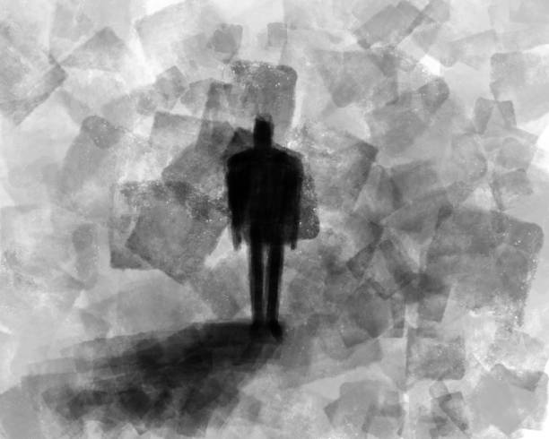 Depression. Abstract art illustration. Black silhouette of a man on a dark abstraction background. Loneliness and anxiety, suffering and pain Depression. Abstract art illustration. Black silhouette of a man on a dark abstraction background. Loneliness and anxiety, suffering and pain lonely stock illustrations