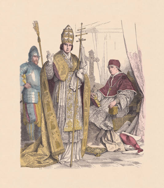 xvi-xvii век, католические облачения, папская одежда, ксилография ручной ока, опубликованная c.1880 - pope stock illustrations