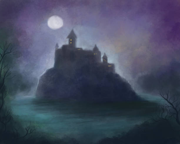 istock Illustration of a mythical mysterious castle standing on a rock under the light of a full moon. Abstract foggy dark picture 1319215364