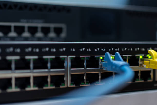 istock Blue and yellow network cable plugged in switch hub or router. 1319216698