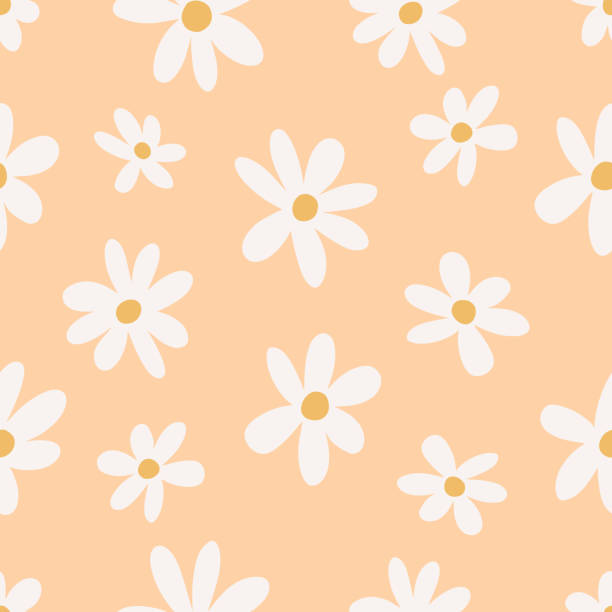 Seamless floral chamomile pattern in trendy boho style on a peach background. Abstract hippie botanical retro pattern in 70s style. Contemporary design for wrapping paper, covers and fabric. Seamless pattern daisy stock illustrations