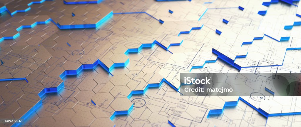 Abstract futuristic device background surface with jagged hexagonal blocks and circuit design scheme, extreme close-up horizontal composition Artificial Intelligence Stock Photo