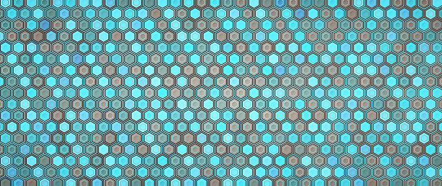 Blue hexagonal mesh grid structure design background, front-view horizontal composition
