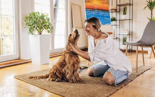 istock Female artist playing with dog 1319219752
