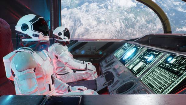 istock Astronauts rush in their spaceship through the space wormhole at great speed. The image is for fantastic or space travel backgrounds. View of the spacecraft with an astronaut. 3D Rendering. 1319221857