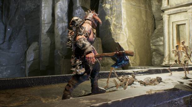 istock An ancient formidable warrior fights terrible skeletons in a stone castle. The image is designed for military, historical and fantasy backgrounds. 3D Rendering. 1319221881