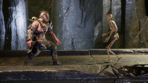 istock An ancient formidable warrior fights terrible skeletons in a stone castle. The image is designed for military, historical and fantasy backgrounds. 3D Rendering. 1319221894