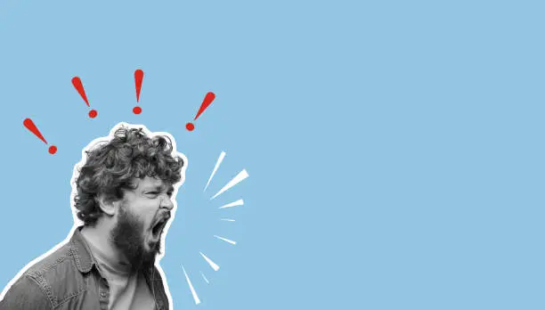Collage of angry shouting young man with exclamation marks isolated over blue background with copy space for ad, design. Concept of human emotions, facial expressions, brain, feelings. Magazine style