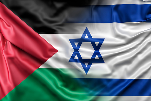 Israel vs Palestine flags. Waving flag design overlap, the burning flag of Israel and Palestine breaking relationship concept