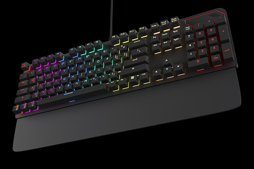Black computer keyboard with rgb color isolated on black with clipping path. 3D rendering of streaming gear and gamer workspace concept