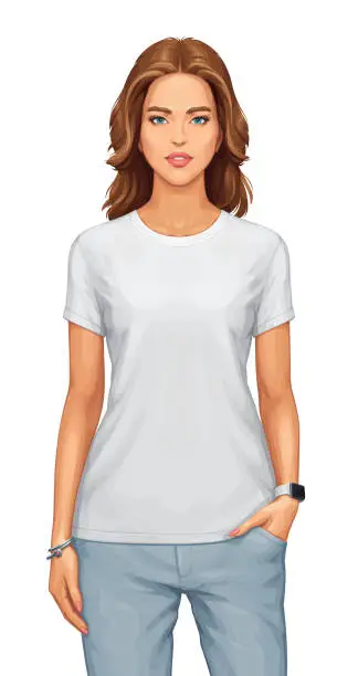 Vector illustration of Woman Wearing a Blank White T-Shirt