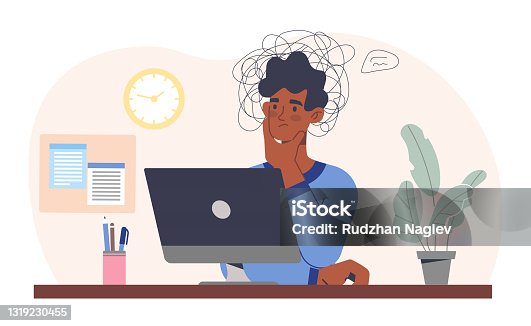 istock Young male character is sitting at a table with computer and struggles with learning problems 1319230455