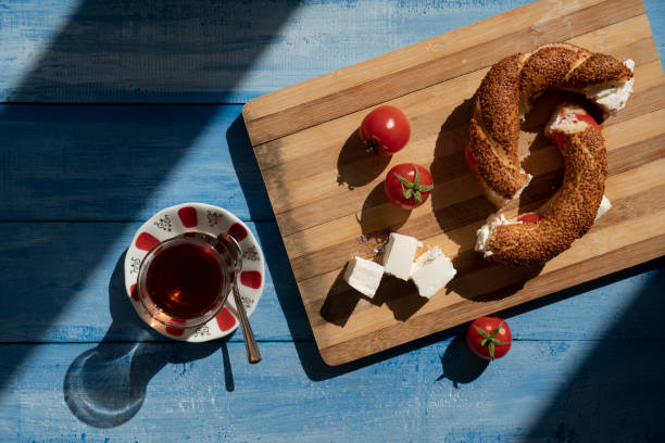Turkish bagel with cheese, tomato, tea