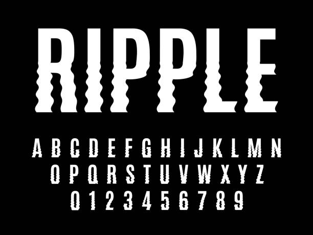 Ripple font. Wavelike curve english alphabet, vertical smooth recurring distortions white letters and numbers, lower part geometry illusion, typographic typeset vector isolated set Ripple font. Wavelike curve english alphabet, vertical smooth recurring distortions white letters and numbers, lower part geometry illusion, typographic typeset vector isolated on black background set distorted font stock illustrations