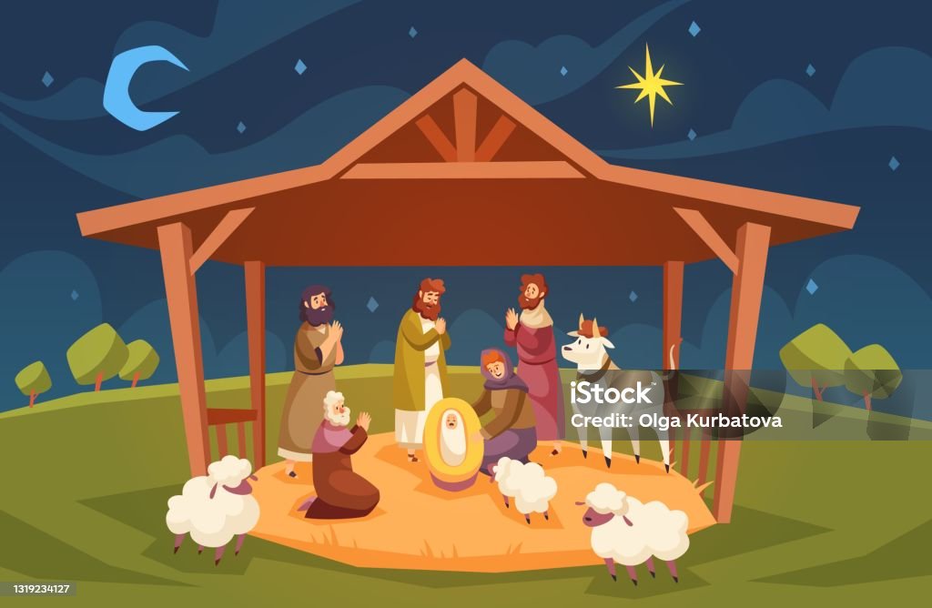 Bible Scene Christmas Christian Composition Jesus Christ Birth In Manger  Baby With Magi Virgin Mary Night Sky With Star New Testament Holy Book  Religion Holiday Vector Cartoon Concept Stock Illustration - Download
