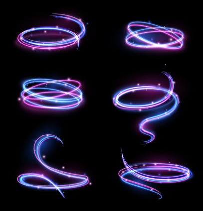 Shiny swirls. Glowing swirl lines with glowing magic particles, blue and purple color scheme, neon twisted energy rings, sparkles lights. Long exposure vector realistic isolated decor elements set