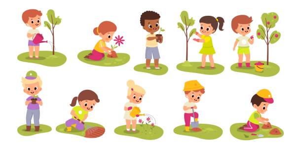 Kid gardener. Children work in garden. Babies watering trees and picking apple harvest. Boys planting seedlings. Girls taking care of flowers. Vector scenes set with pupils growing plants Kid gardener. Cartoon children work in garden. Cute babies watering trees and picking apple harvest. Boys planting seedlings. Girls taking care of flowers. Vector scenes set with pupils growing plants watering pail stock illustrations