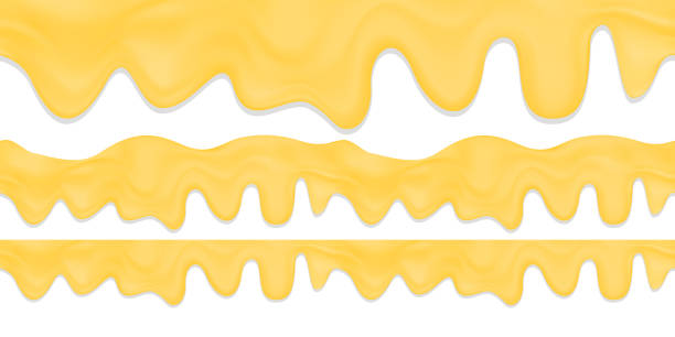 illustrazioni stock, clip art, cartoni animati e icone di tendenza di bordo orizzontale realistico del vettore stock senza cuciture di formaggio fuso o fonduta di formaggio. elemento decorativo per formaggio fuso o burro. - forma di formaggio