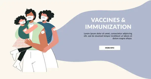 Vector illustration of Vaccine and family vaccinated concept. Young parents with kid after injection shot. Health care campaign template. Time to family with children vaccinate banner.  Flat vector layout illustration