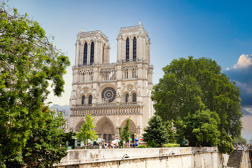 Notre-Dame de Paris Cathedral with a clear blue sky.