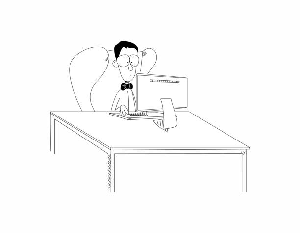 Funny Cartoon Man Or Nerd Boy Sit In Chair At Desk Working On Computer  Stock Illustration - Download Image Now - iStock