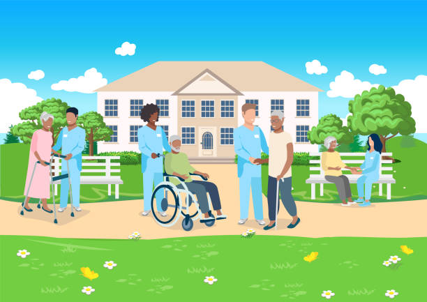 ilustrações, clipart, desenhos animados e ícones de lar - wheelchair disabled senior adult female nurse