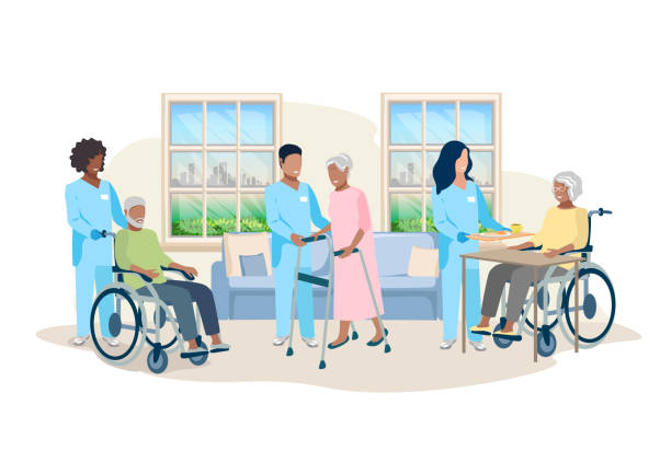 ilustrações de stock, clip art, desenhos animados e ícones de nursing home - wheelchair disabled senior adult female nurse