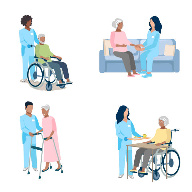 ilustrações de stock, clip art, desenhos animados e ícones de nurse caring for the elderly set - wheelchair disabled senior adult female nurse