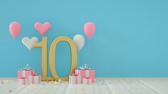3d rendering of Number 10 Party Concept, Celebration, Birthday, Balloons, Gift Boxes.