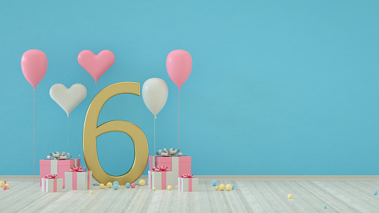 3d rendering of Number 6 Party Concept, Celebration, Birthday, Balloons, Gift Boxes.