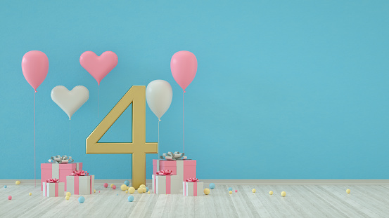 3d rendering of Number 4 Party Concept, Celebration, Birthday, Balloons, Gift Boxes.