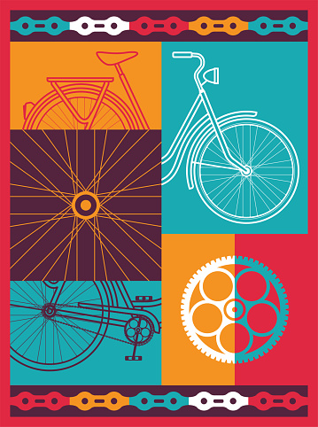 Cycling abstract design with retro style bicycle. Outline vector illustration of bike elements. Biking greeting card.