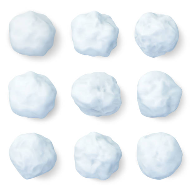 Realistic snowballs. Winter frozen snow ball, christmas snowy decorations or kids winter snowballs game elements vector illustration set. White 3d snowballs Realistic snowballs. Winter frozen snow ball, christmas snowy decorations or kids winter snowballs game elements vector illustration set. White 3d snowballs. Ice snow, snowy snowflake, snowball sphere snowball stock illustrations