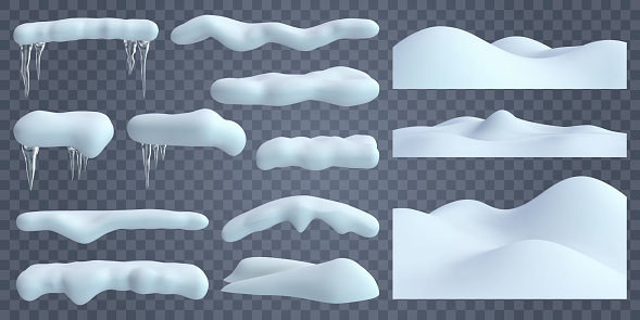 Realistic snow caps. Snowdrift with frozen icicles and snow borders, christmas snowy winter decorations vector illustration set. Winter snow caps elements, frost snowy, snowdrift icy, snow effect