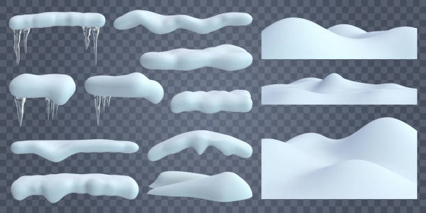 Realistic snow caps. Snowdrift with frozen icicles and snow borders, christmas snowy winter decorations vector illustration set. Winter snow caps elements Realistic snow caps. Snowdrift with frozen icicles and snow borders, christmas snowy winter decorations vector illustration set. Winter snow caps elements, frost snowy, snowdrift icy, snow effect snow stock illustrations