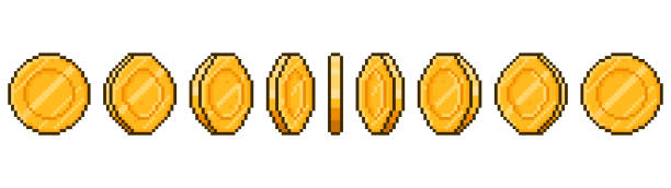 pixel-kunst-münze-animation. spiel ui goldene münzen rotation sendestufen, pixel spiel geld animierte rahmen vektor-illustration. gold 8 bit münzen animation - pixel art stock-grafiken, -clipart, -cartoons und -symbole