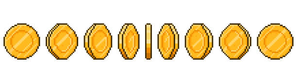 illustrazioni stock, clip art, cartoni animati e icone di tendenza di animazione delle monete pixel art. fasi di rotazione delle monete d'oro dell'interfaccia utente del gioco, illustrazione vettoriale dei fotogrammi animati del gioco money. animazione monete d'oro a 8 bit - pixellato