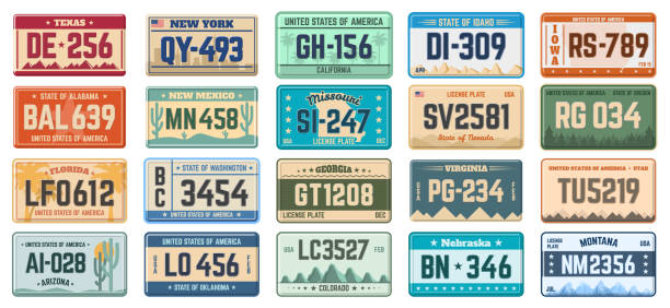 ilustrações de stock, clip art, desenhos animados e ícones de car number plates. vehicle use states license registration plates, retro automobile license plates vector illustration set. car registration signs - license plate